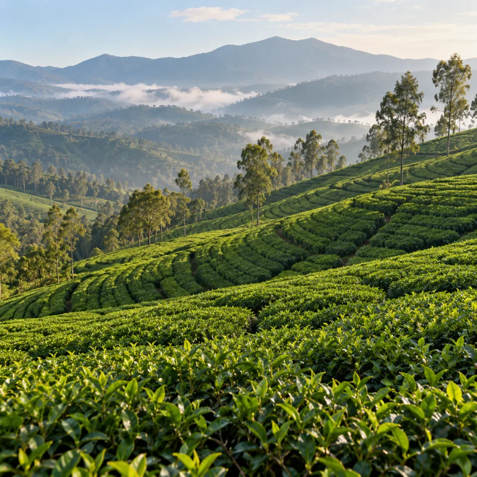 Curving tea plantation rows and misty Nilgiri hills near Ooty