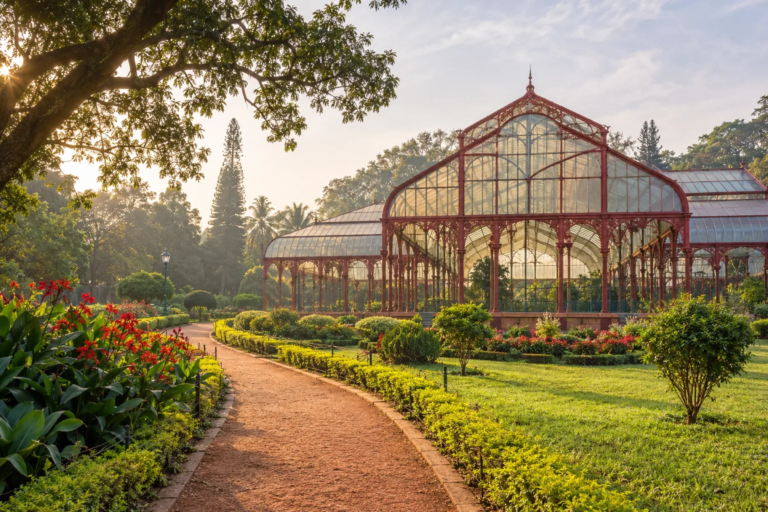 Photorealistic view of the Lalbagh Glass House and garden path in Bengaluru
