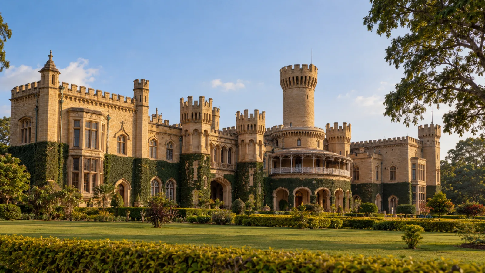 Photorealistic wide exterior view of Bangalore Palace and its lawn