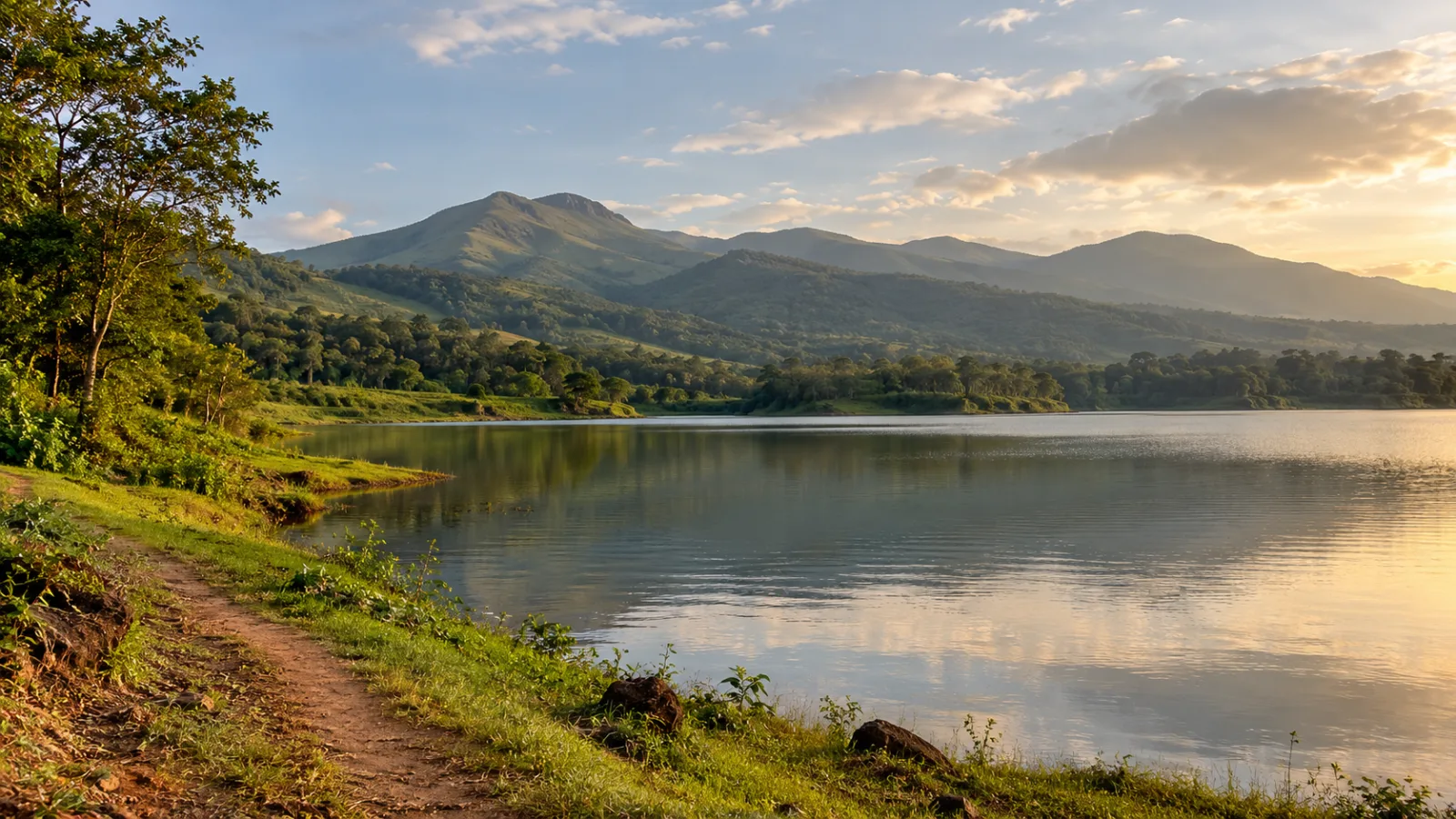 Photorealistic late-afternoon view across Hirekolale Lake toward Chikmagalur hills