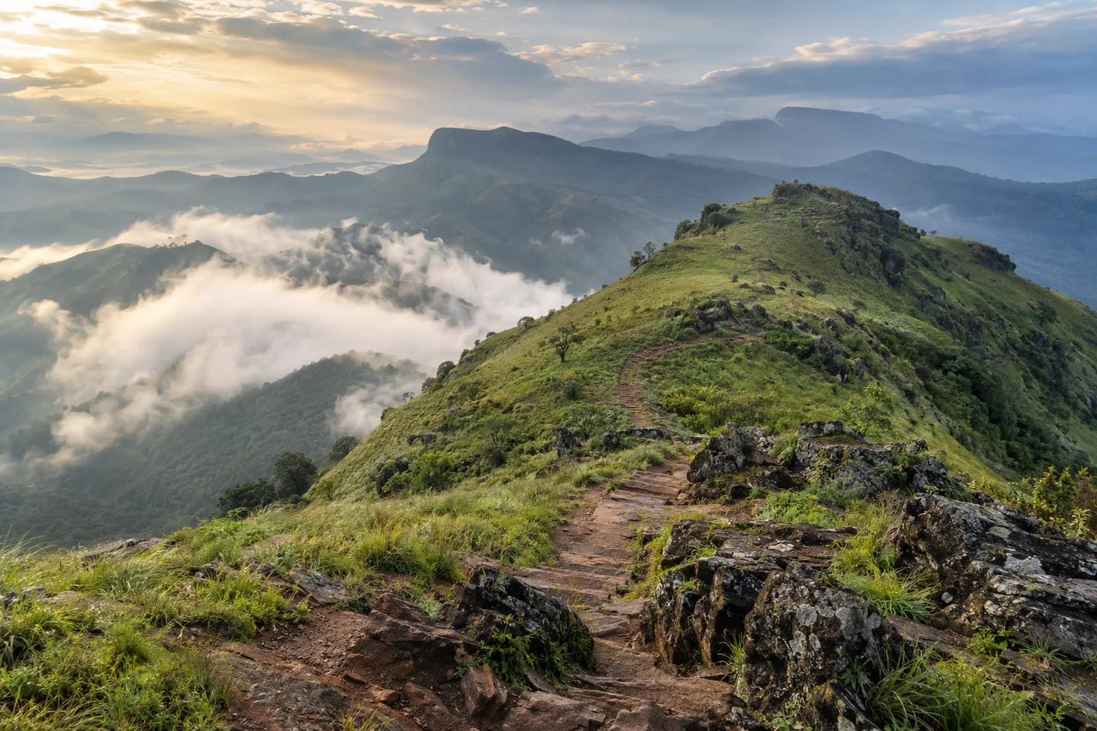 Photorealistic misty grassland ridge and trail at Mullayanagiri near Chikmagalur