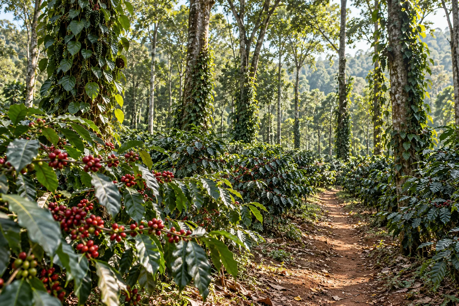 Photorealistic Coorg coffee estate with red coffee cherries and pepper vines