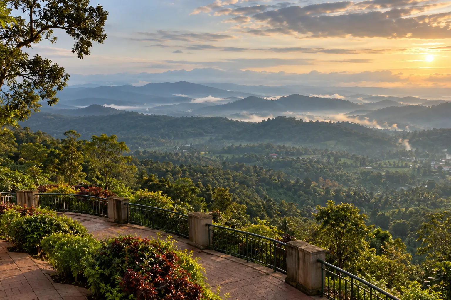 Photorealistic golden-hour view across Coorg hills from Raja's Seat