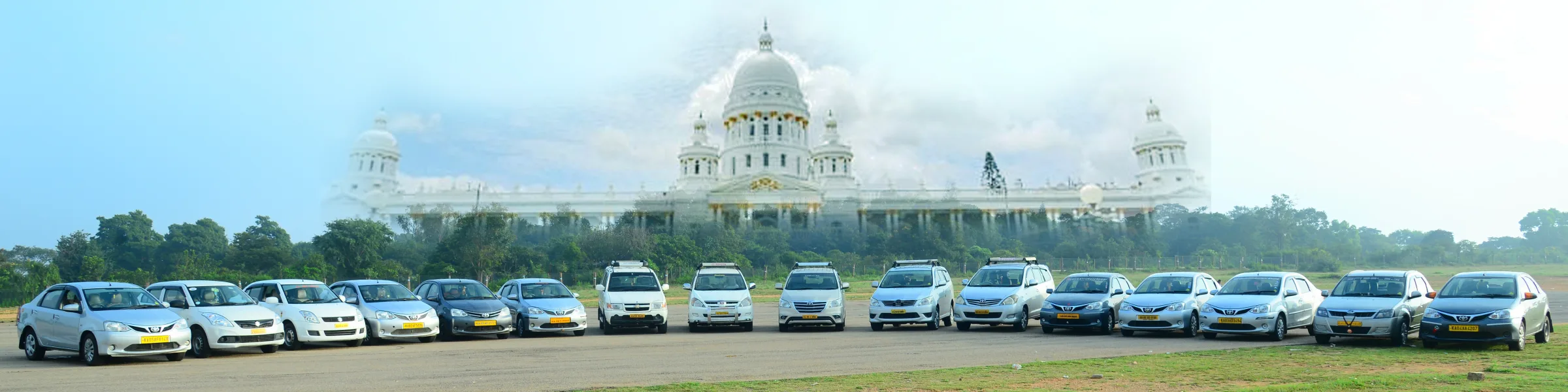Mysore Travel Taxi fleet assembled in front of Lalitha Mahal Palace